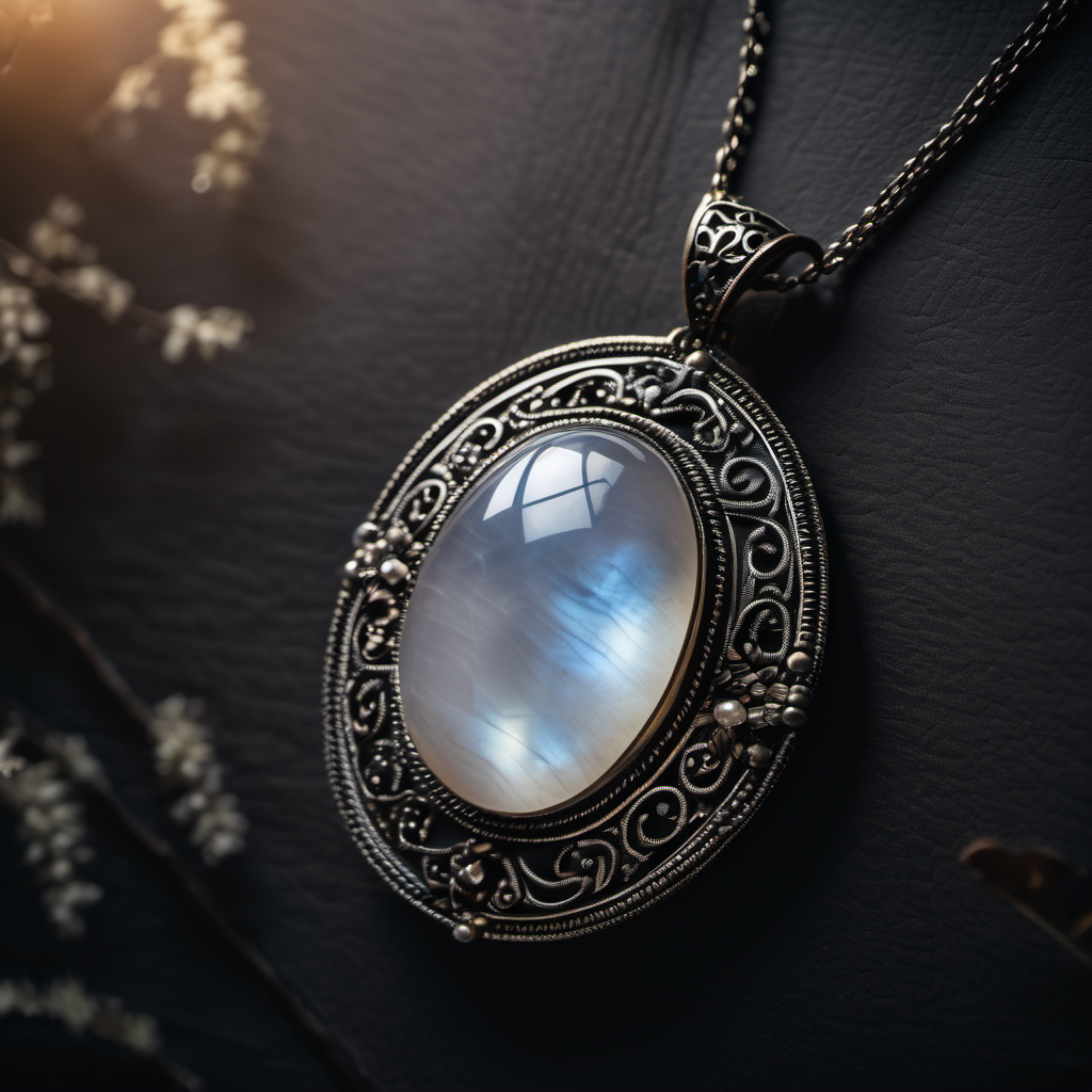 A silver necklace with a large oval-shaped blue moonstone pendant