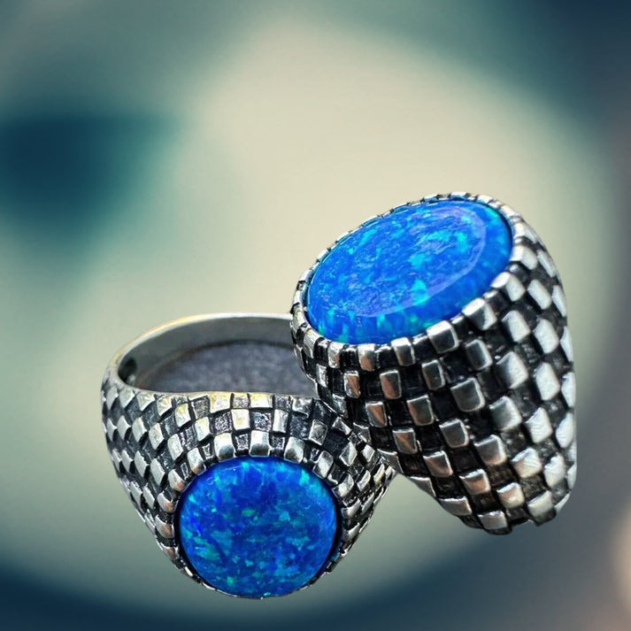 Blue opal gents ring in silver