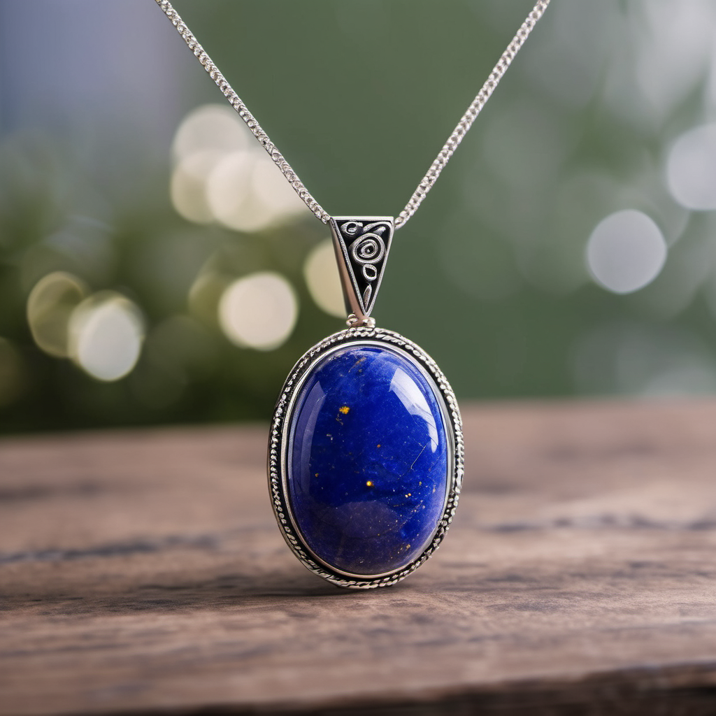 A lapis lazuli gemstone pendant, featuring a deep blue color with golden flecks