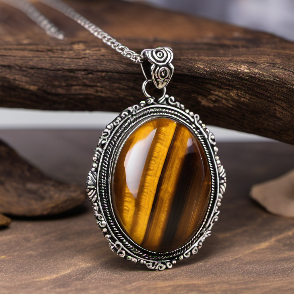 Oval cabochon tigers eye gemstone set in silver pendant