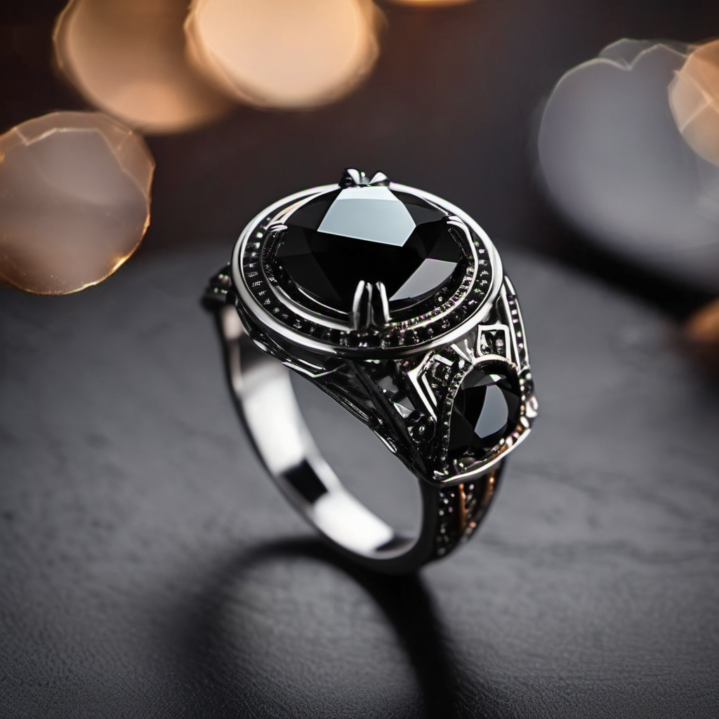 A black spinel gemstone ring with intricate metalwork.