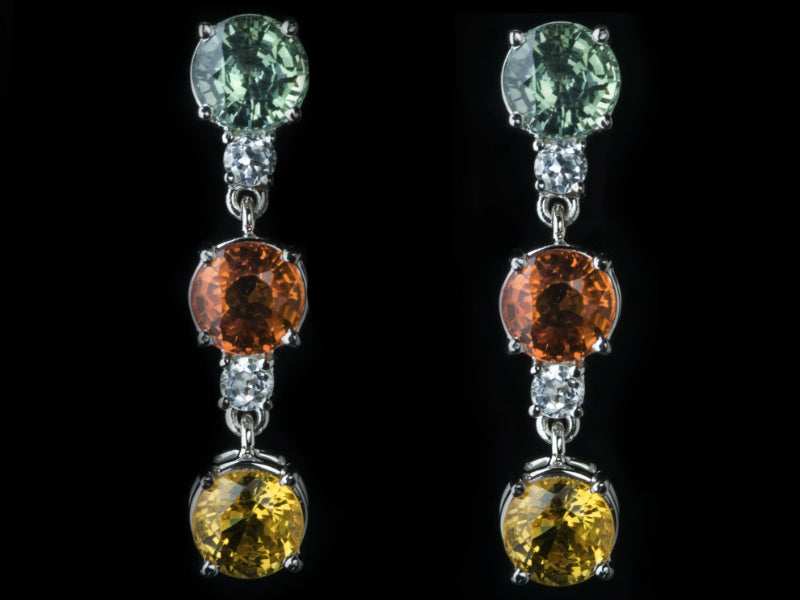 Natural green, orange and yellow sapphire drop earrings