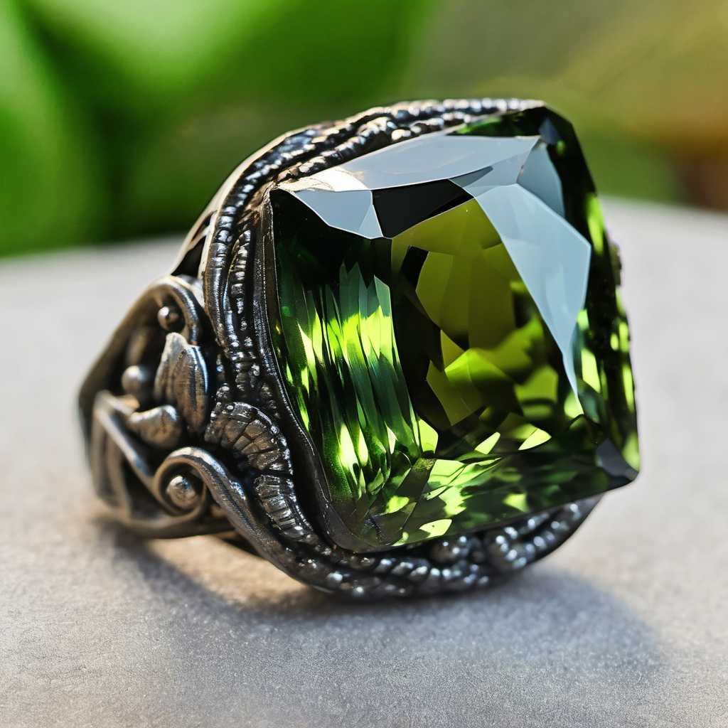 A faceted green tourmaline gemstone in a metallic ring setting with intricate detailing.