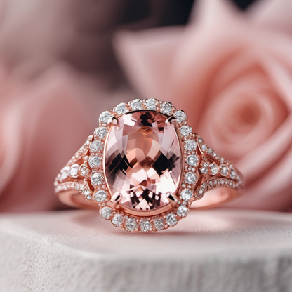 A cushion Morganite gemstone set in a rose gold ring with smaller diamond accents around it.